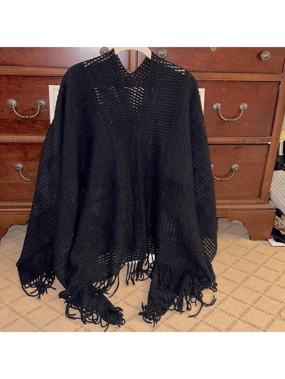 Hatattack black chenille feel solid & open weave poncho blanket wrap